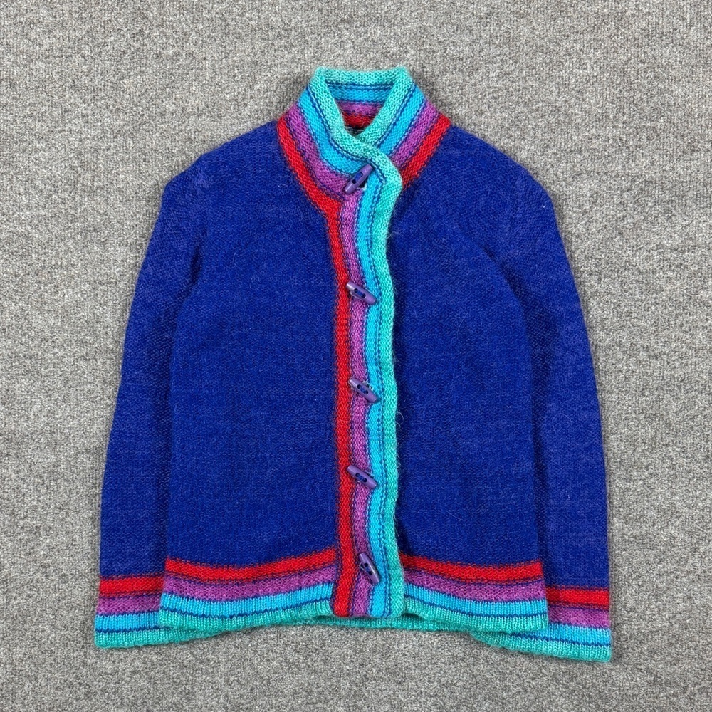 VTG Blue High Neck Wool Blend Cardigan Sweater Toggle Button‎ Multi Colored Trim